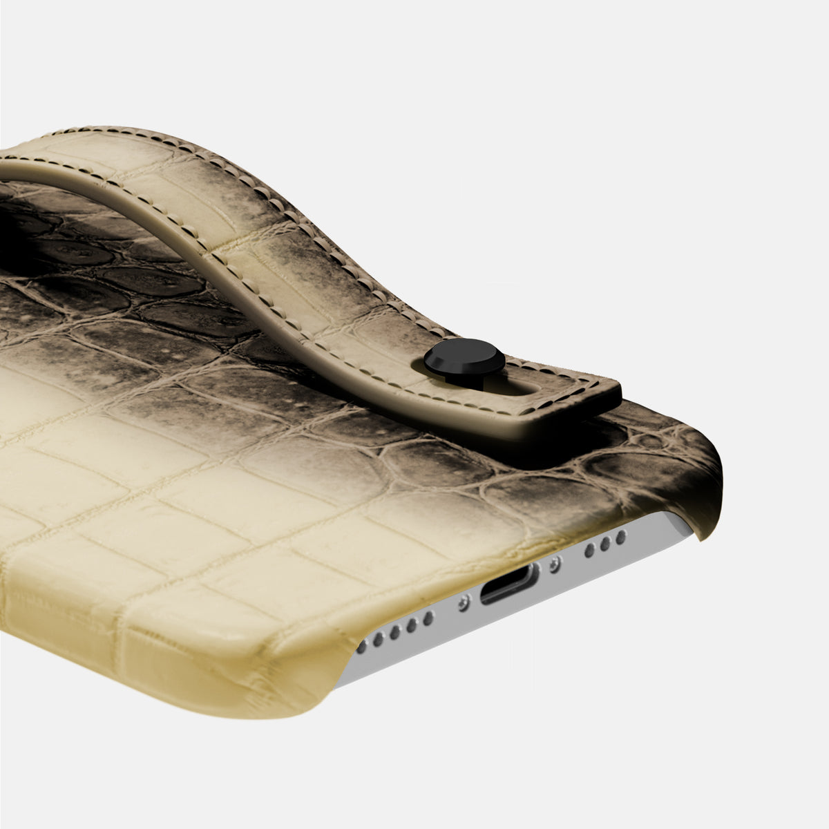 Natural iPhone 16 Pro Max Hand Strap Case Himalayan Crocodile with Black Metal -5 | Natural-Black