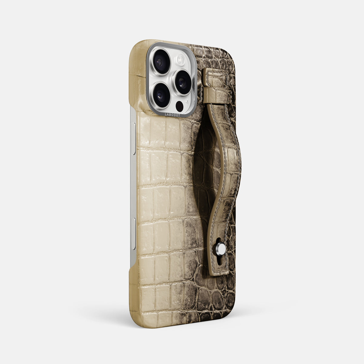 Natural iPhone 16 Pro Max Hand Strap Case Himalayan Crocodile with Steel Metal -2 | Natural-Steel