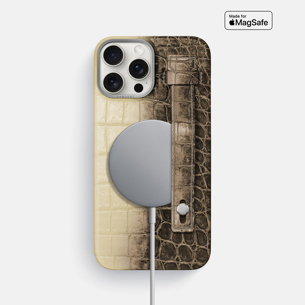 Natural iPhone 16 Pro Max Hand Strap Case Himalayan Crocodile with Steel Metal -4 | Natural-Steel