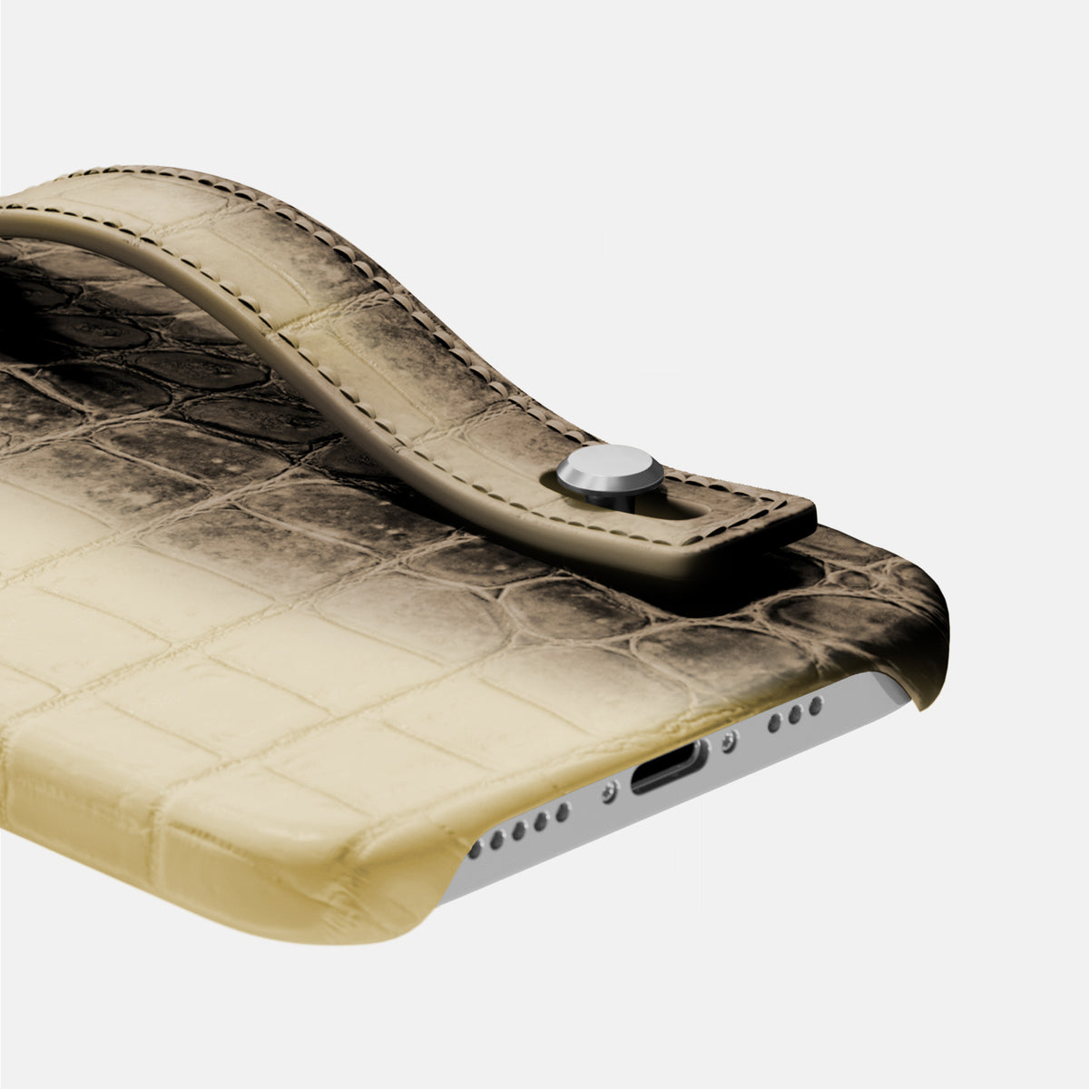Natural iPhone 16 Pro Max Hand Strap Case Himalayan Crocodile with Steel Metal -5 | Natural-Steel