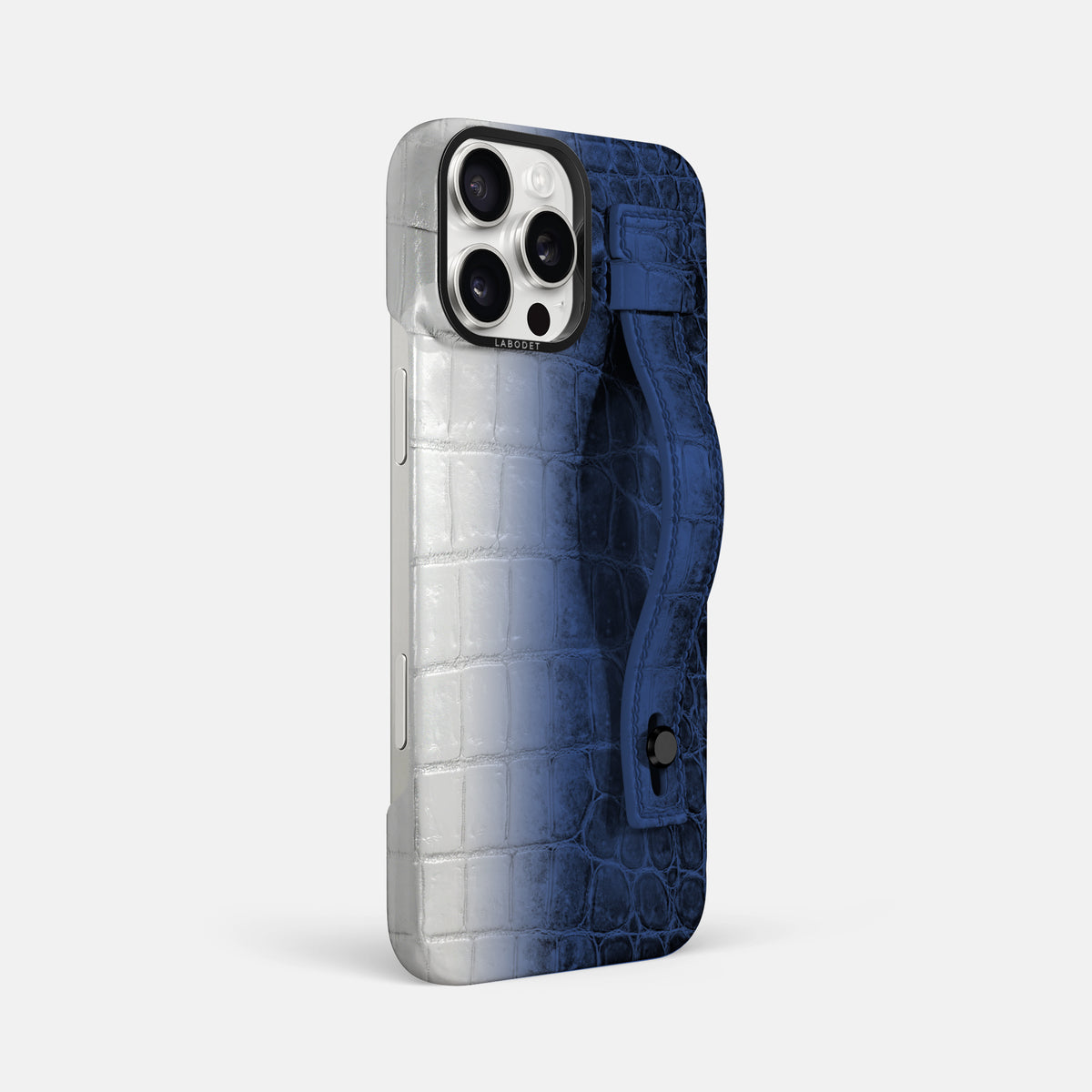 Navy Blue iPhone 16 Pro Max Hand Strap Case Himalayan Crocodile with Black Metal -2 | Navy-Blue-Black