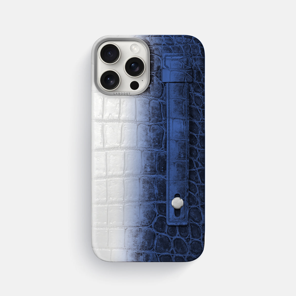 Navy Blue iPhone 16 Pro Max Hand Strap Case Himalayan Crocodile with Steel Metal -1 | Navy-Blue-Steel