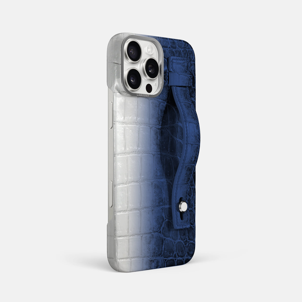Navy Blue iPhone 16 Pro Max Hand Strap Case Himalayan Crocodile with Steel Metal -2 | Navy-Blue-Steel