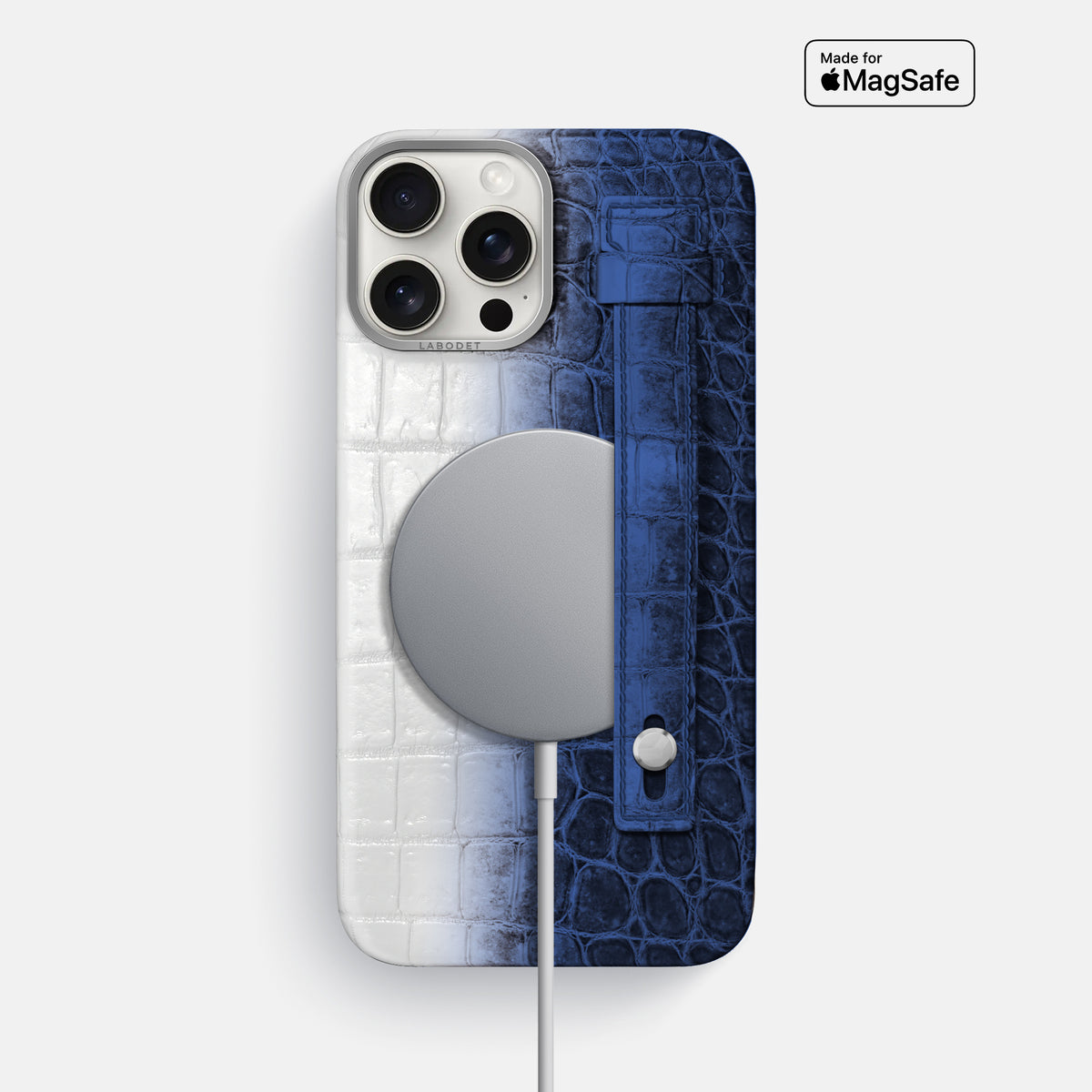 Navy Blue iPhone 16 Pro Max Hand Strap Case Himalayan Crocodile with Steel Metal -4 | Navy-Blue-Steel