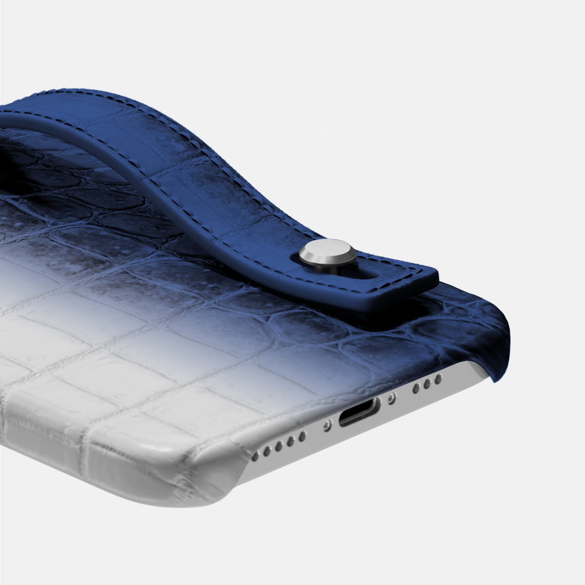 Navy Blue iPhone 16 Pro Max Hand Strap Case Himalayan Crocodile with Steel Metal -5 | Navy-Blue-Steel