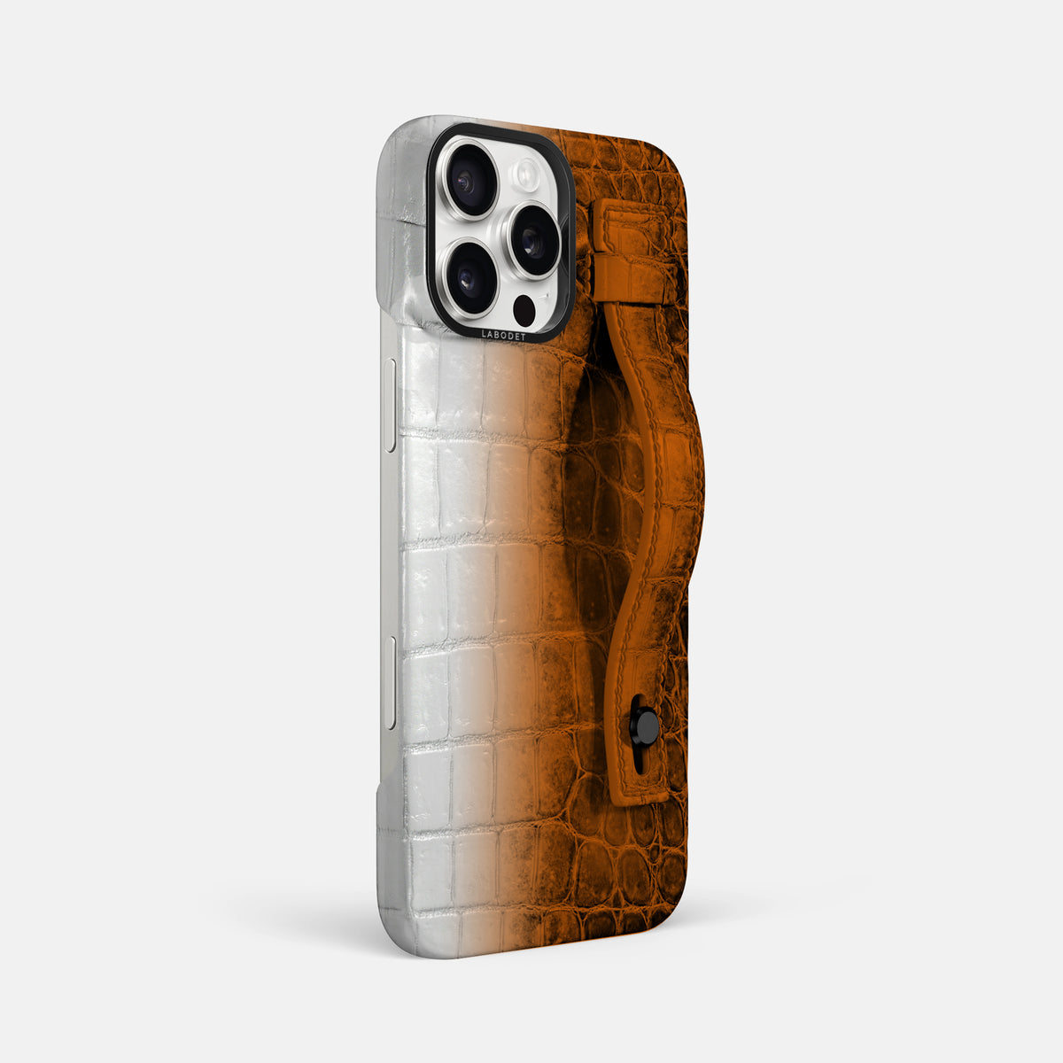 Orange iPhone 16 Pro Max Hand Strap Case Himalayan Crocodile with Black Metal -2 | Orange-Black