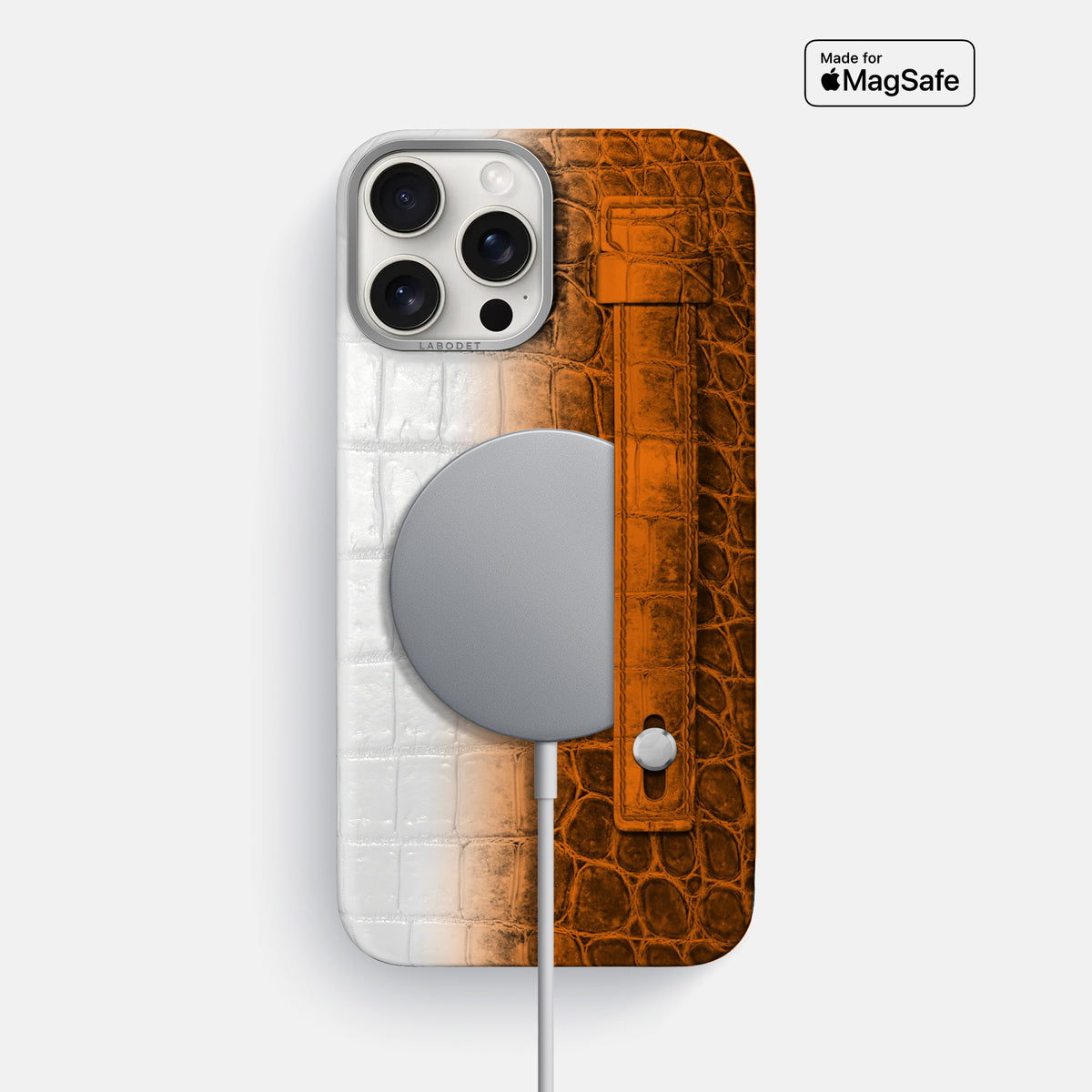Orange iPhone 16 Pro Max Hand Strap Case Himalayan Crocodile with Steel Metal -4 | Orange-Steel