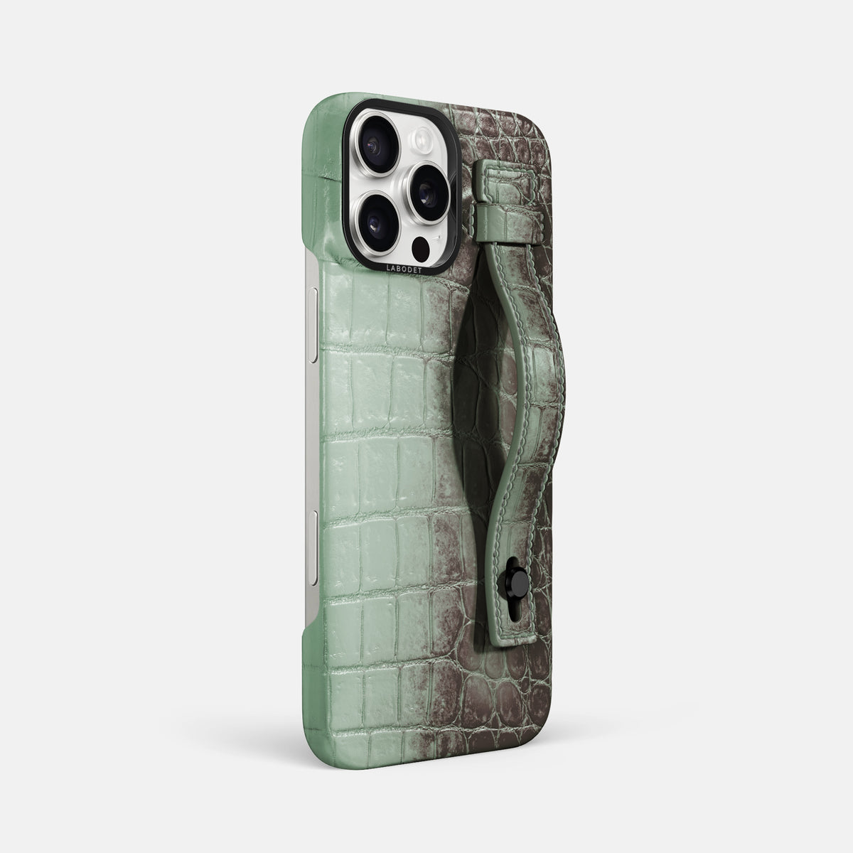 Pistachio iPhone 16 Pro Max Hand Strap Case Himalayan Crocodile with Black Metal -2 | Pistachio-Black