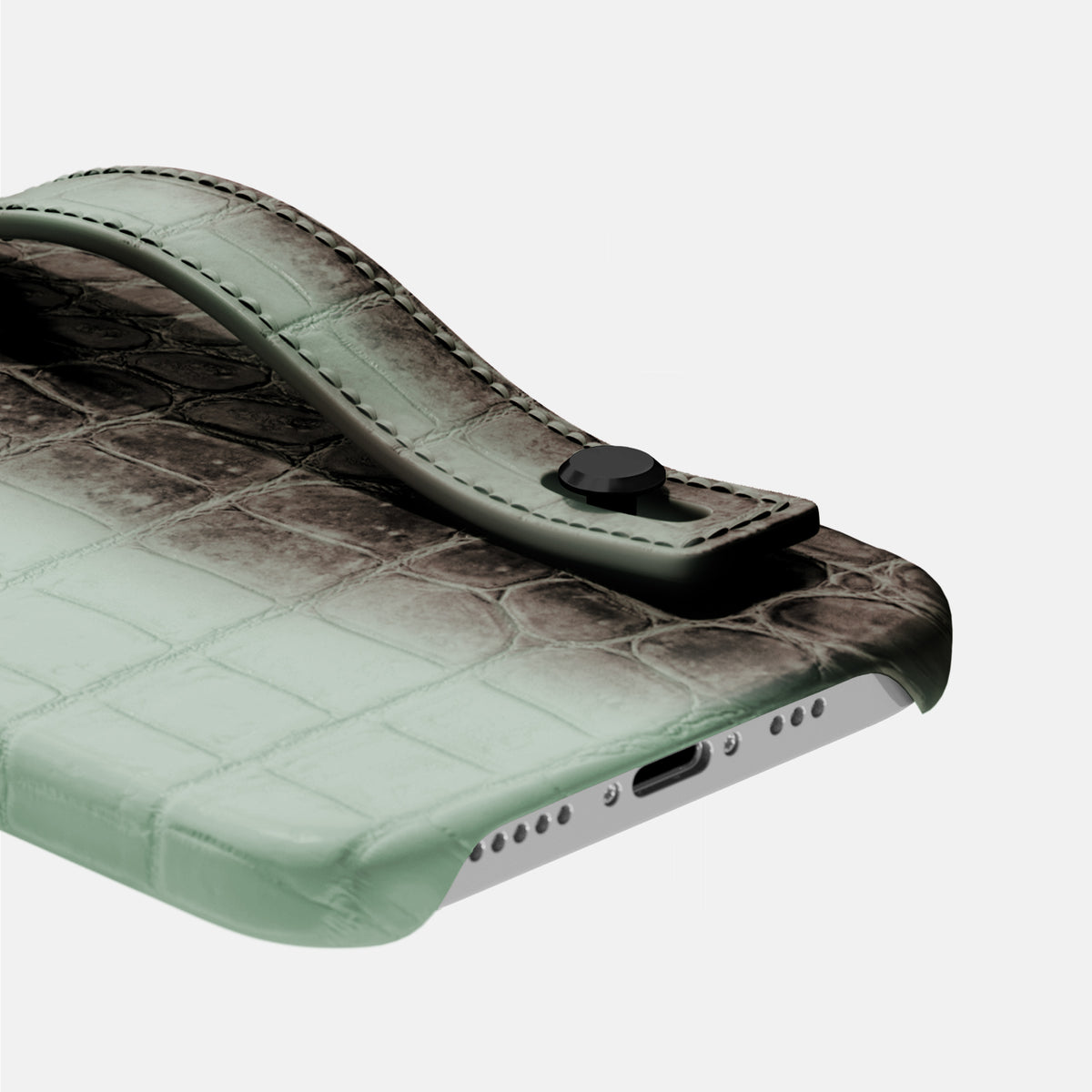 Pistachio iPhone 16 Pro Max Hand Strap Case Himalayan Crocodile with Black Metal -5 | Pistachio-Black