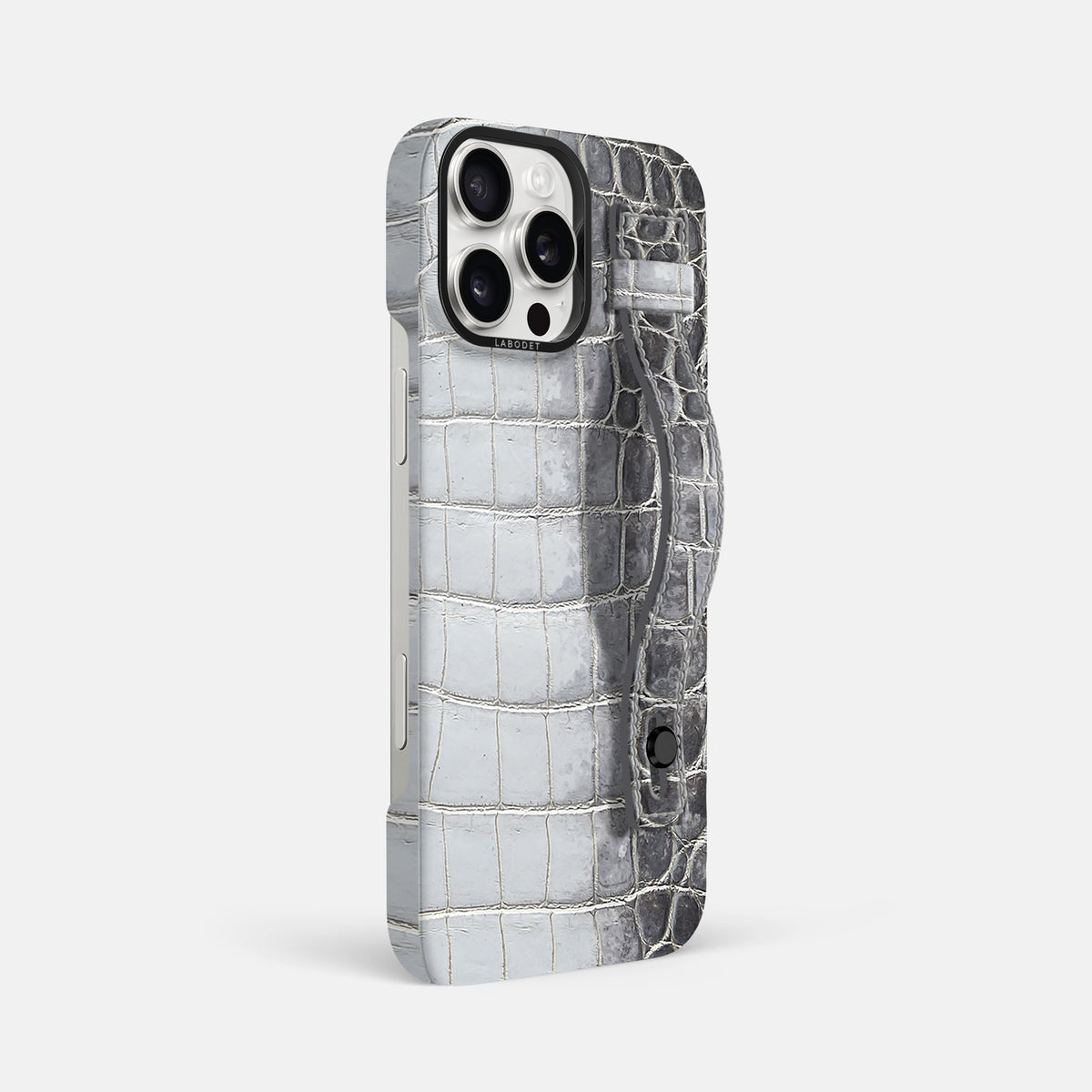 Silver iPhone 16 Pro Max Hand Strap Case Himalayan Crocodile with Black Metal -2 | Silver-Black