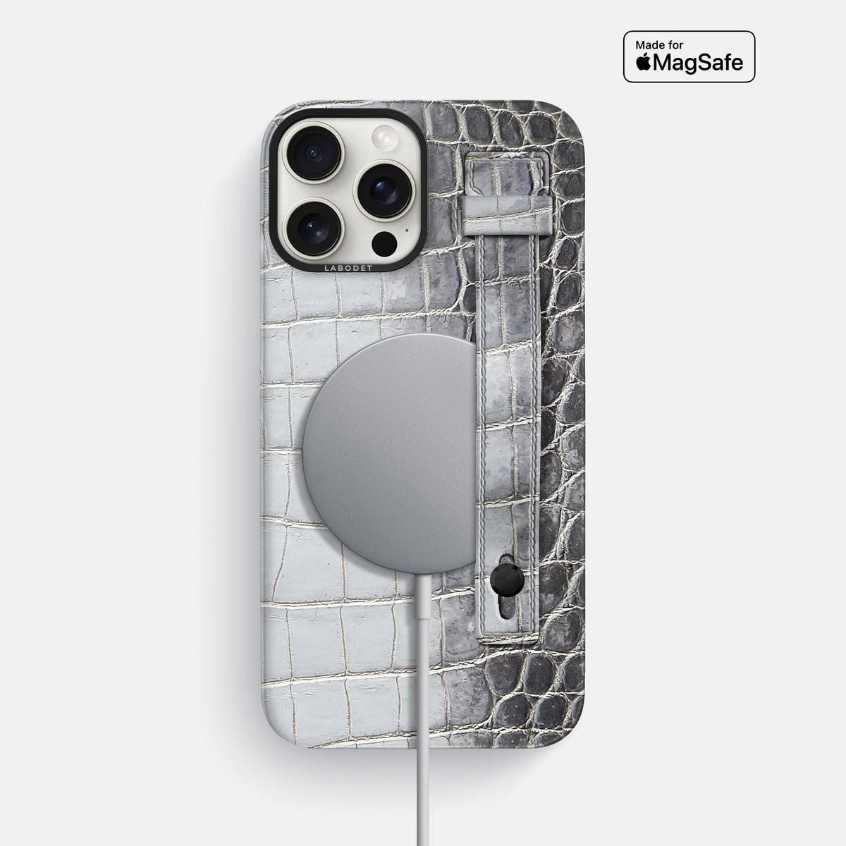 Silver iPhone 16 Pro Max Hand Strap Case Himalayan Crocodile with Black Metal -4 | Silver-Black