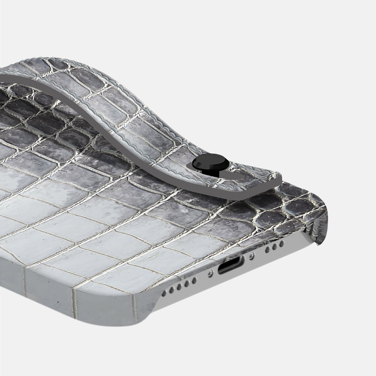 Silver iPhone 16 Pro Max Hand Strap Case Himalayan Crocodile with Black Metal -5 | Silver-Black