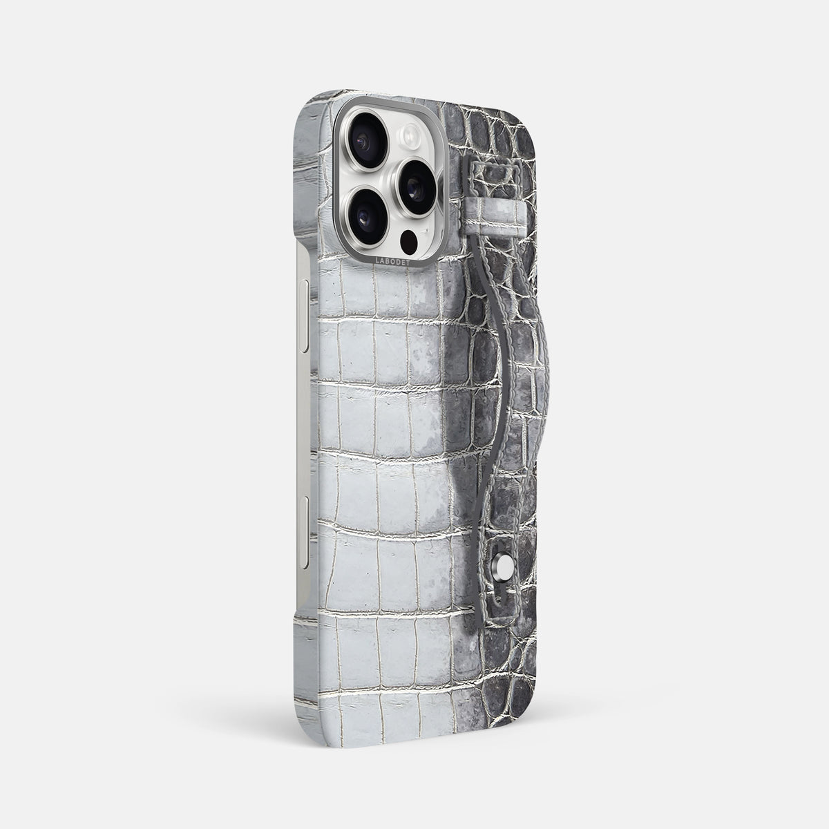 Silver iPhone 16 Pro Max Hand Strap Case Himalayan Crocodile with Steel Metal -2 | Silver-Steel