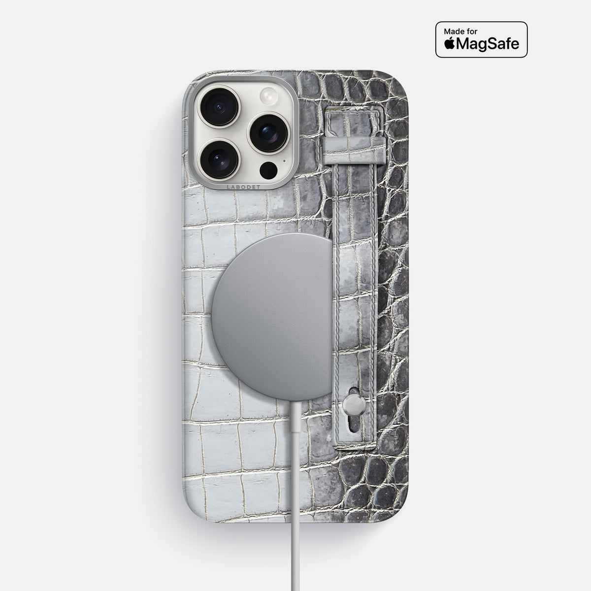 Silver iPhone 16 Pro Max Hand Strap Case Himalayan Crocodile with Steel Metal -4 | Silver-Steel