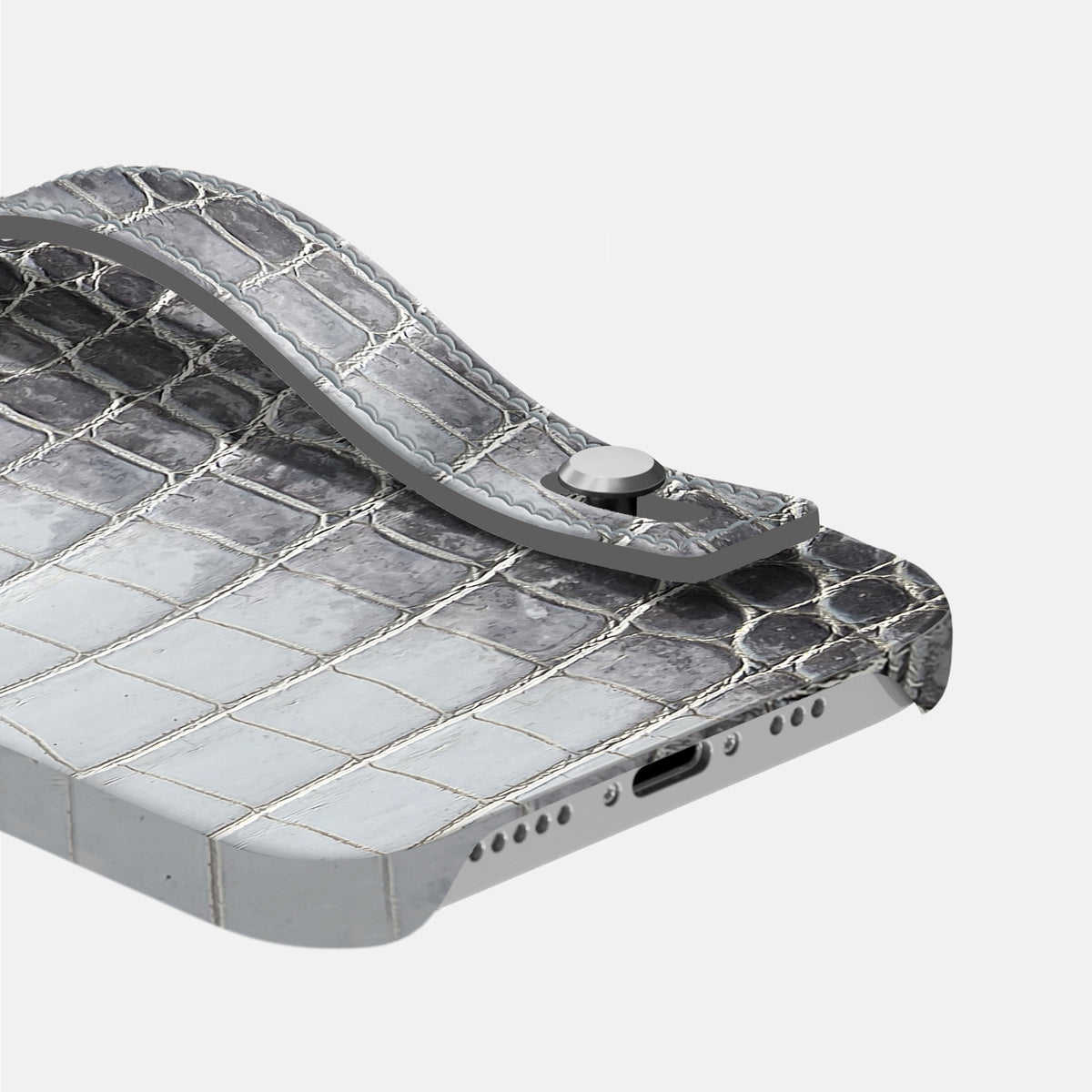 Silver iPhone 16 Pro Max Hand Strap Case Himalayan Crocodile with Steel Metal -5 | Silver-Steel