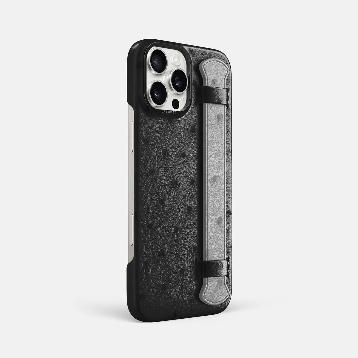 Black-Silver iPhone 16 Pro Max Handle Case Ostrich with Black Metal -2 | Black-Silver-Black