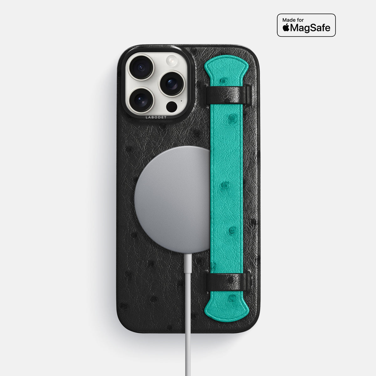 Black-Turquoise iPhone 16 Pro Max Handle Case Ostrich with Black Metal -5 | Black-Turquoise-Black