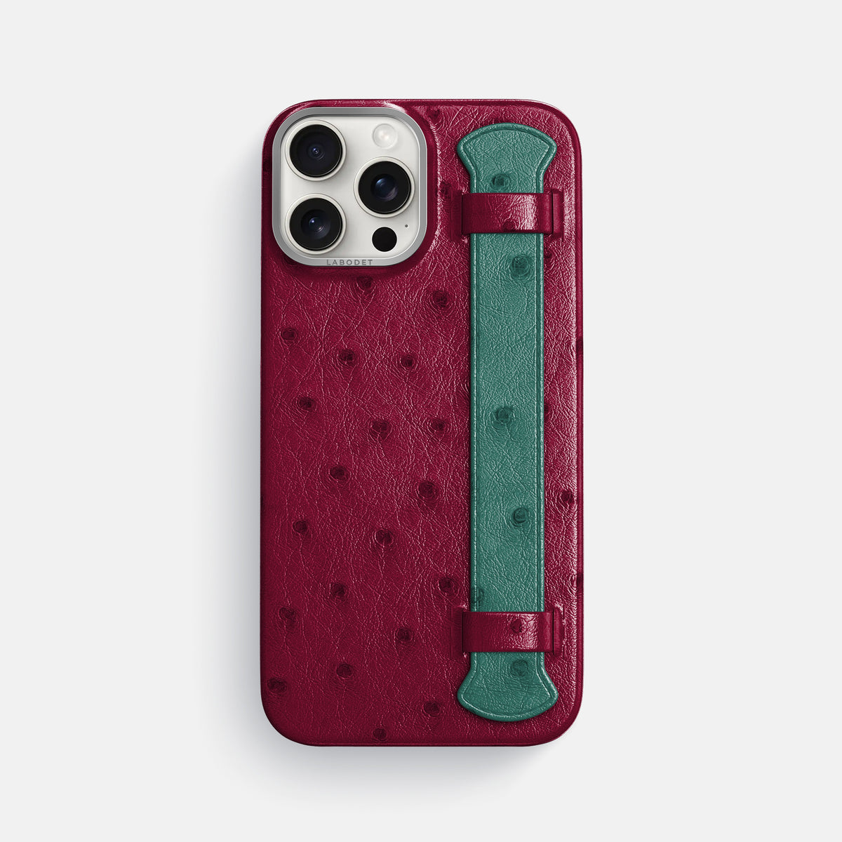 Bordeaux-Forest-Green iPhone 16 Pro Max Handle Case Ostrich with Steel Metal -1 | Bordeaux-Forest-Green-Steel