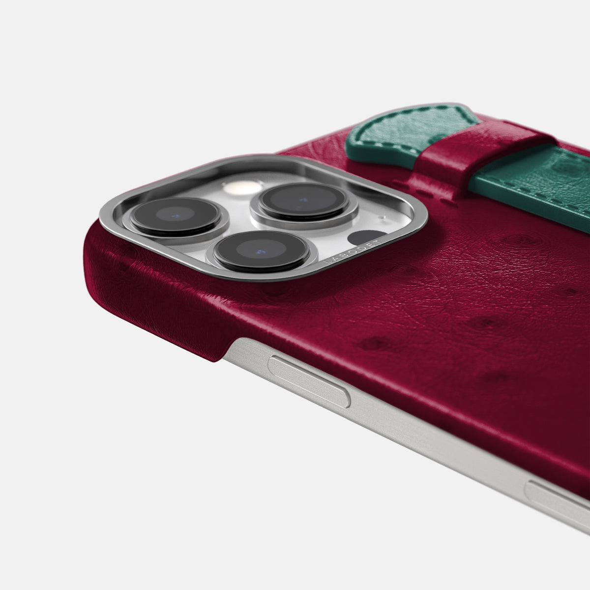 Bordeaux-Forest-Green iPhone 16 Pro Max Handle Case Ostrich with Steel Metal -6 | Bordeaux-Forest-Green-Steel