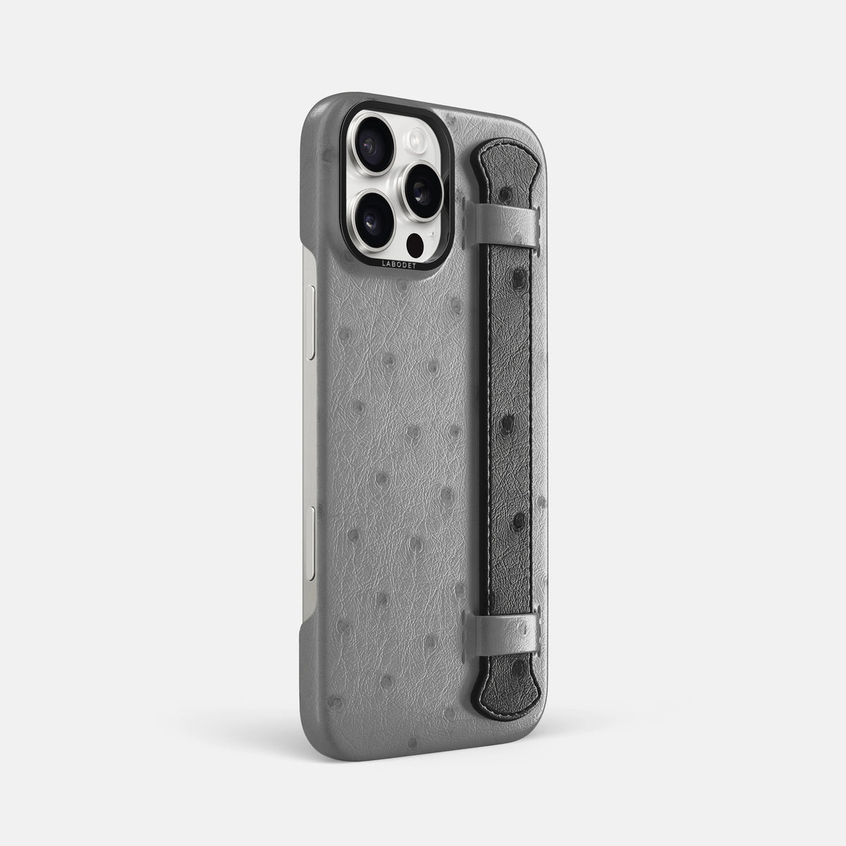 Silver-Black iPhone 16 Pro Max Handle Case Ostrich with Black Metal -2 | Silver-Black-Black