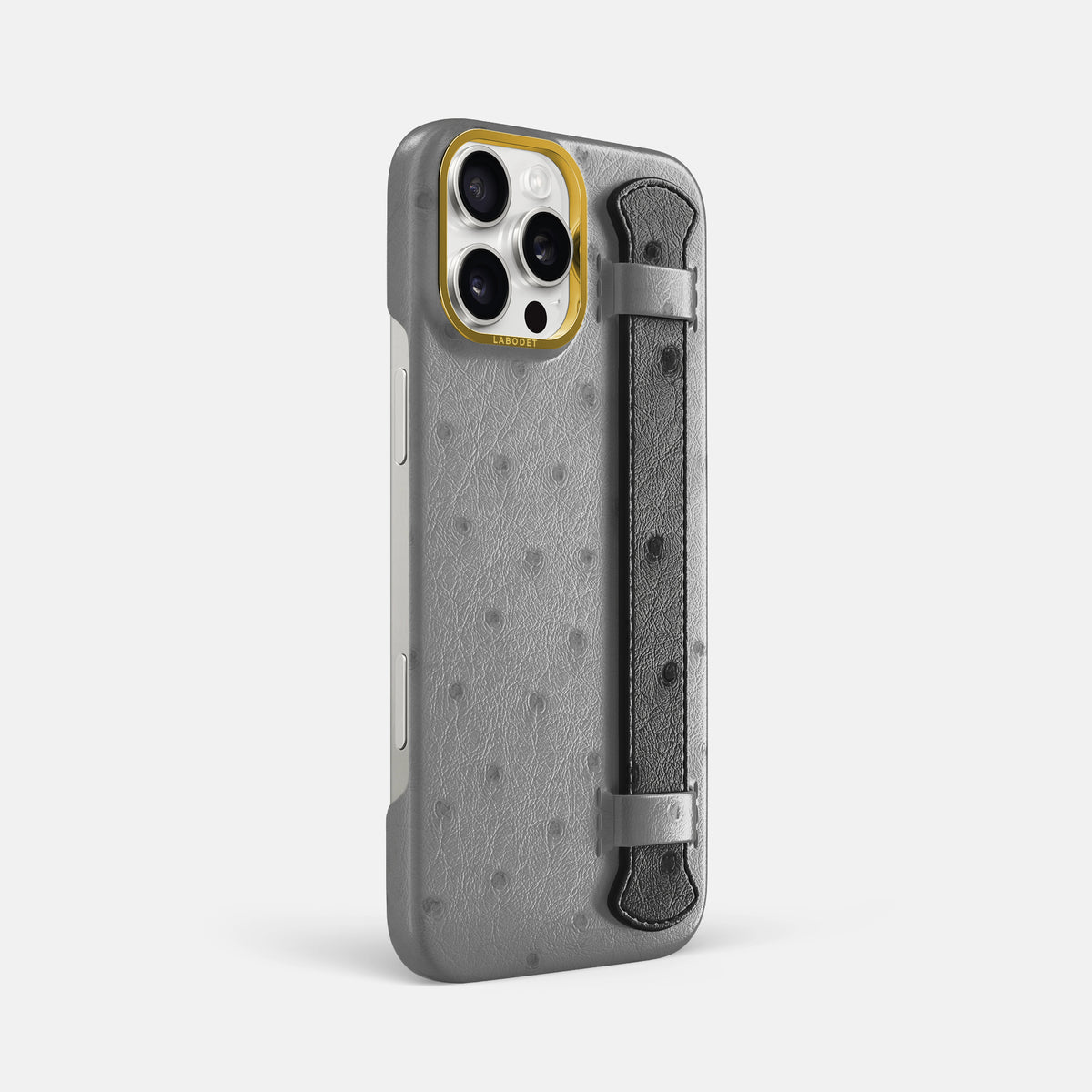 Silver-Black iPhone 16 Pro Max Handle Case Ostrich with Gold Metal -2 | Silver-Black-Gold