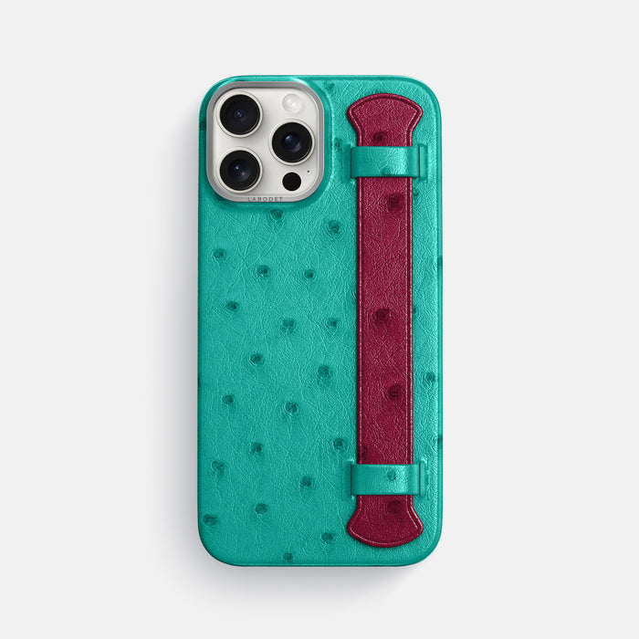 Turquoise-Bordeaux iPhone 16 Pro Max Handle Case Ostrich with Steel Metal -1 | Turquoise-Bordeaux-Steel
