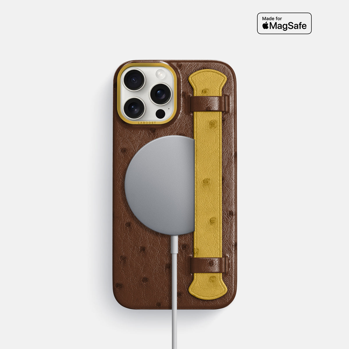 Chocolate-Gold iPhone 16 Pro Handle Case Ostrich with Gold Metal -5 | Chocolate-Gold-Gold