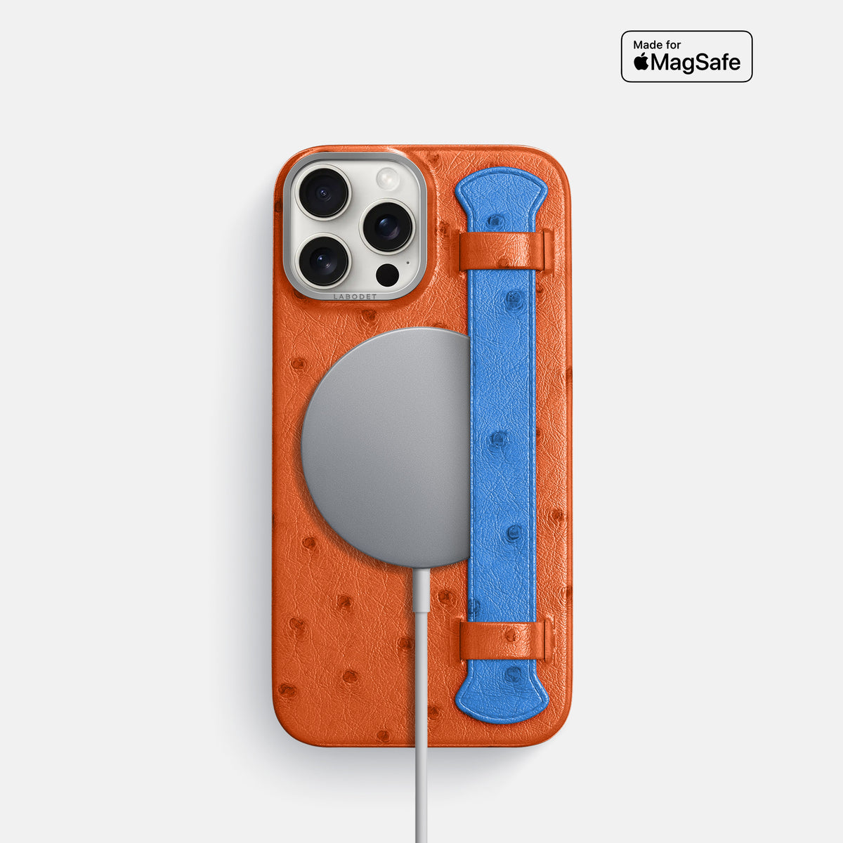 Orange-Royal-Blue iPhone 16 Pro Handle Case Ostrich with Steel Metal -5 | Orange-Royal-Blue-Steel