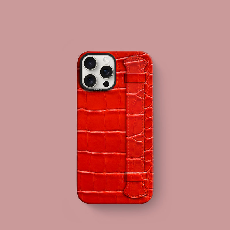 iPhone 16 Pro Handle Case 1/1 Deep Coral Alligator with Black Metal -1 | Deep-Coral-Black