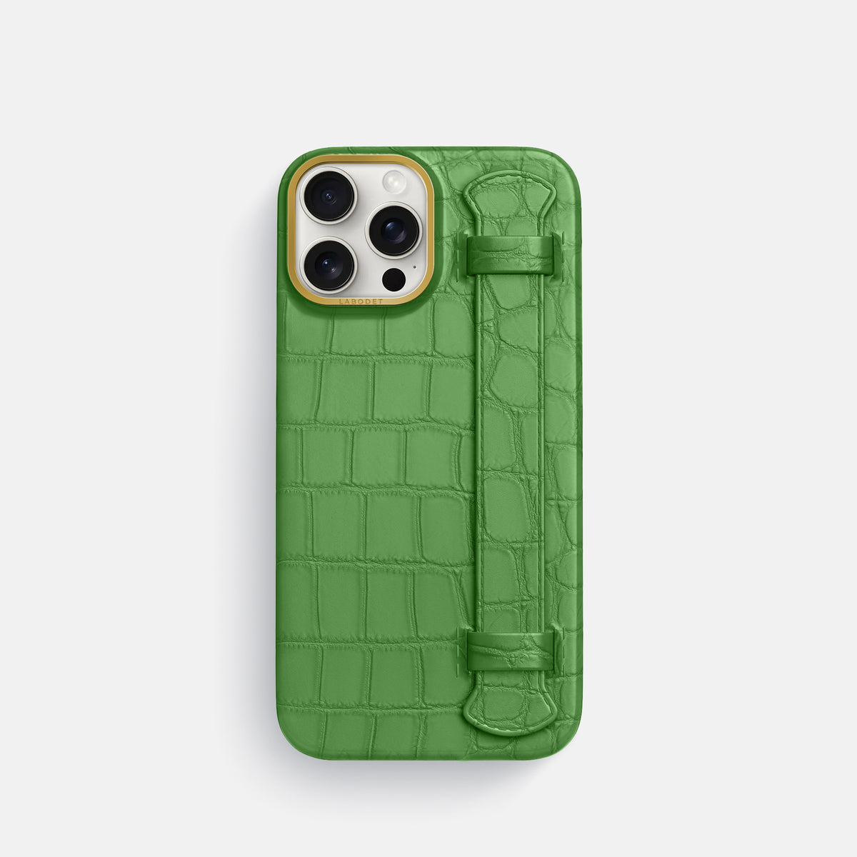 Apple-Green iPhone 16 Pro Handle Case In Alligator with Gold Metal -1 | Apple-Green-Gold