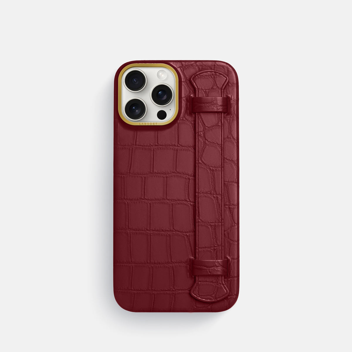 Burgundy iPhone 16 Pro Handle Case In Alligator with Gold Metal -1 | Burgundy-Gold