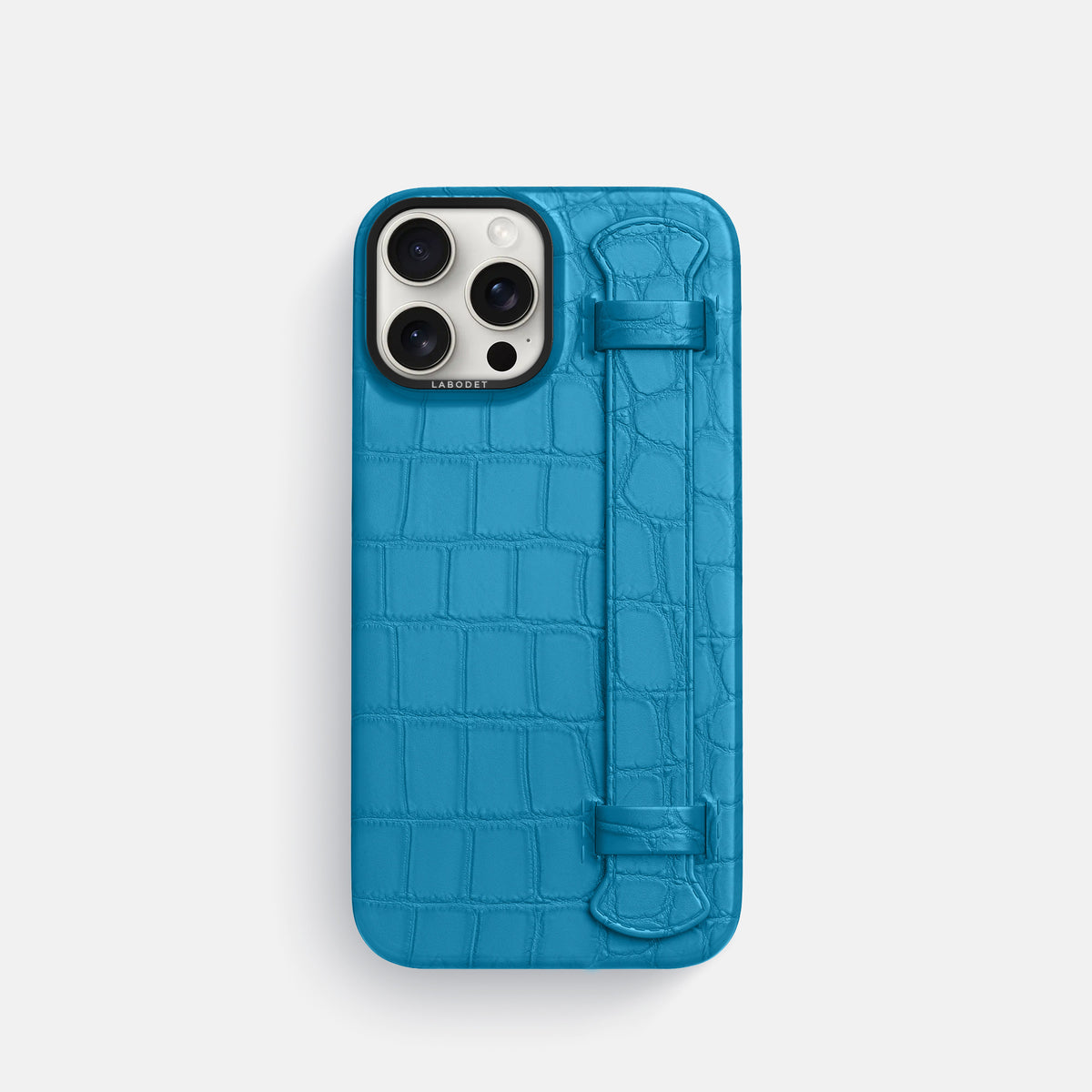 Curaçao-Blue iPhone 16 Pro Handle Case Alligator with Black Metal -1 | Curaçao-Blue-Black