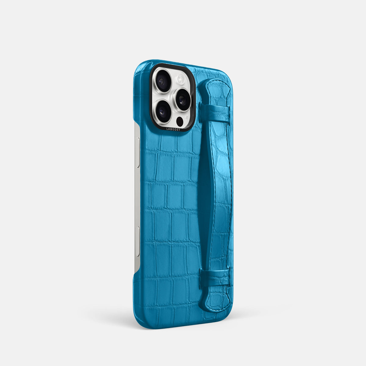 Curaçao-Blue iPhone 16 Pro Handle Case Alligator with Black Metal -2 | Curaçao-Blue-Black