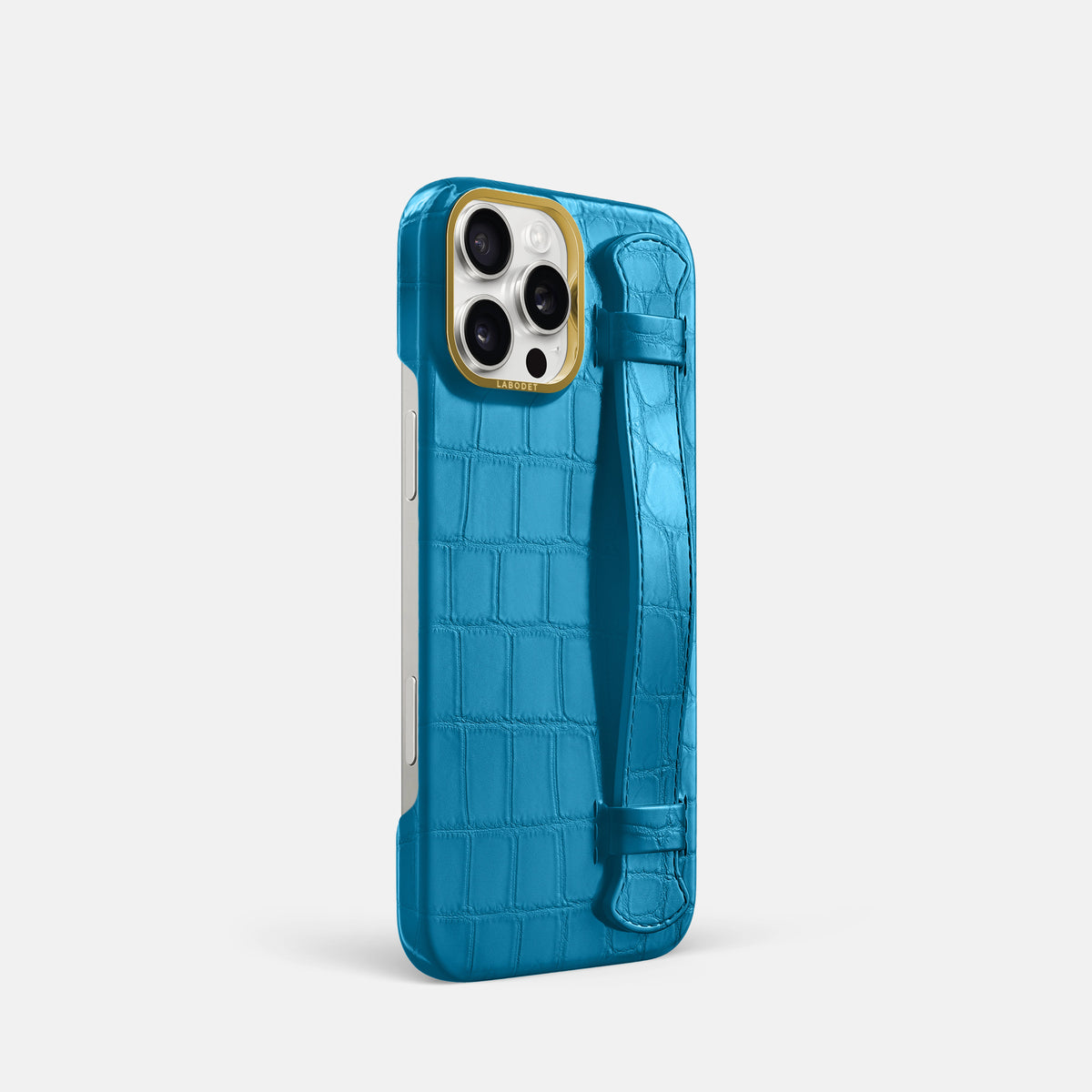 Curaçao-Blue iPhone 16 Pro Handle Case In Alligator with Gold Metal -2 | Curaçao-Blue-Gold