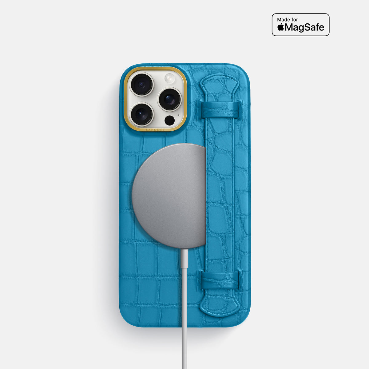 Curaçao-Blue iPhone 16 Pro Handle Case In Alligator with Gold Metal -4 | Curaçao-Blue-Gold