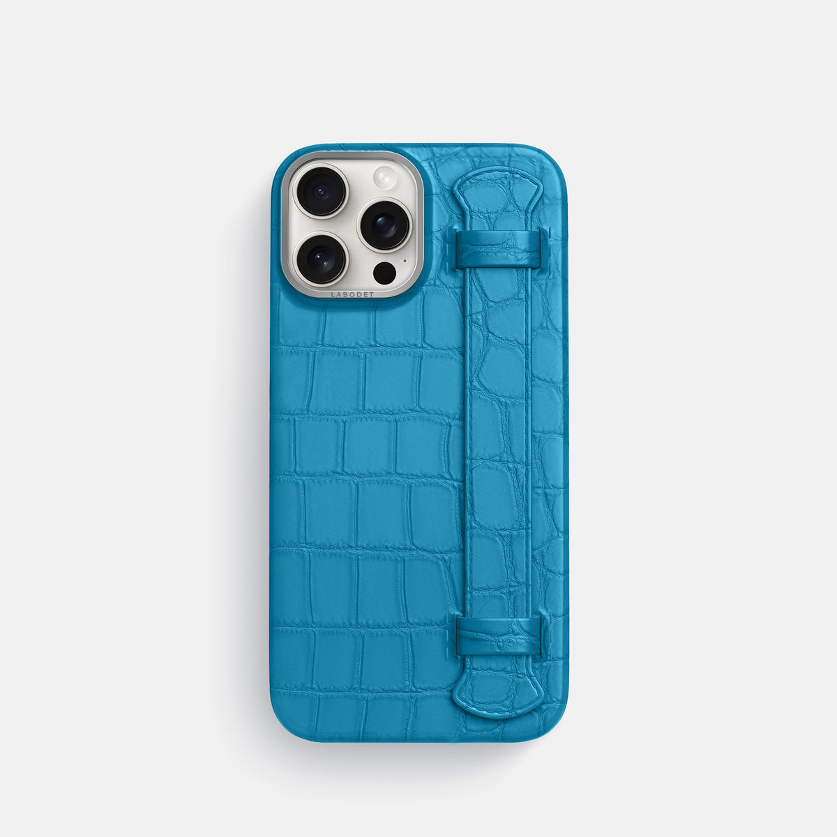 Curaçao-Blue iPhone 16 Pro Handle Case Alligator with Steel Metal -1 | Curaçao-Blue-Steel