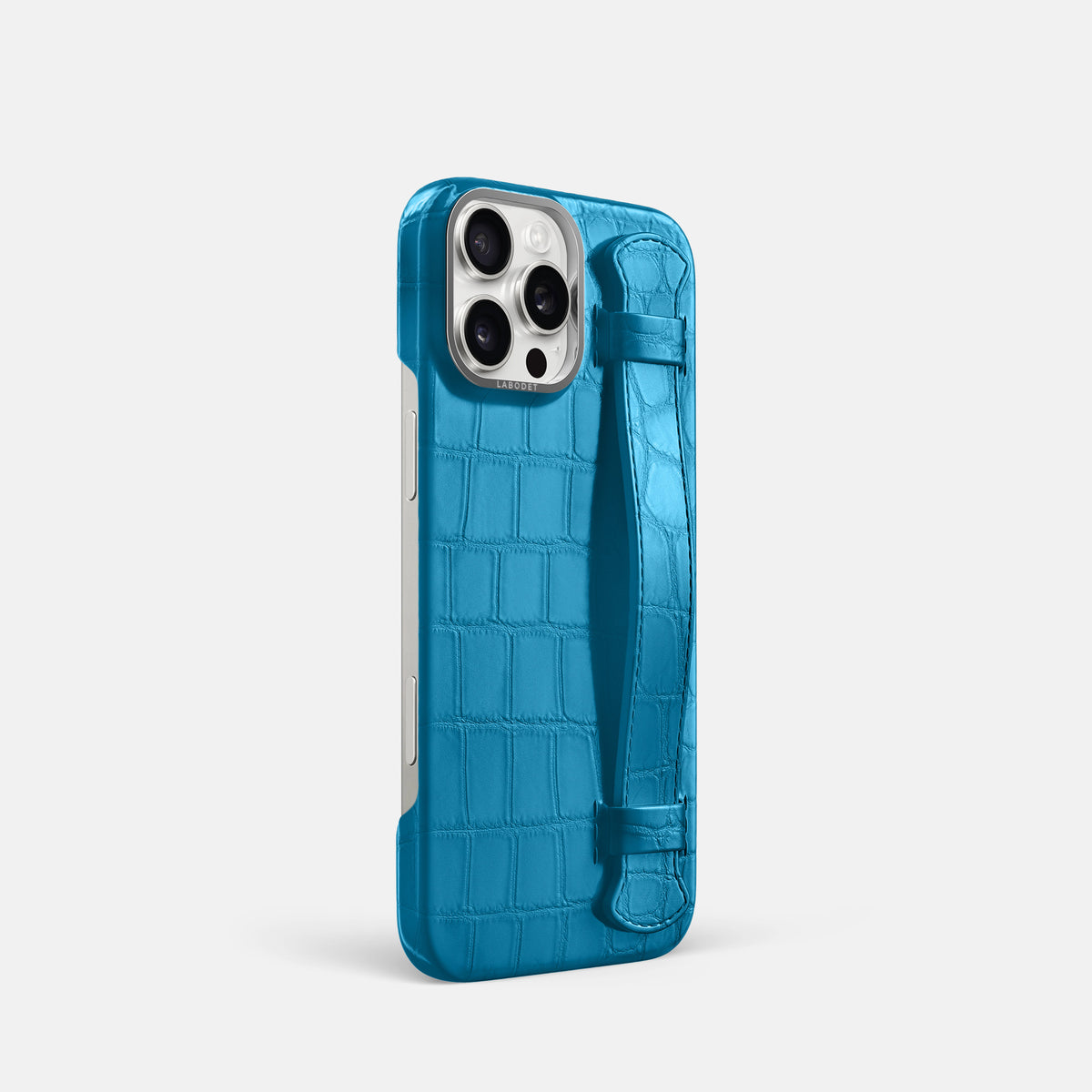 Curaçao-Blue iPhone 16 Pro Handle Case Alligator with Steel Metal -2 | Curaçao-Blue-Steel