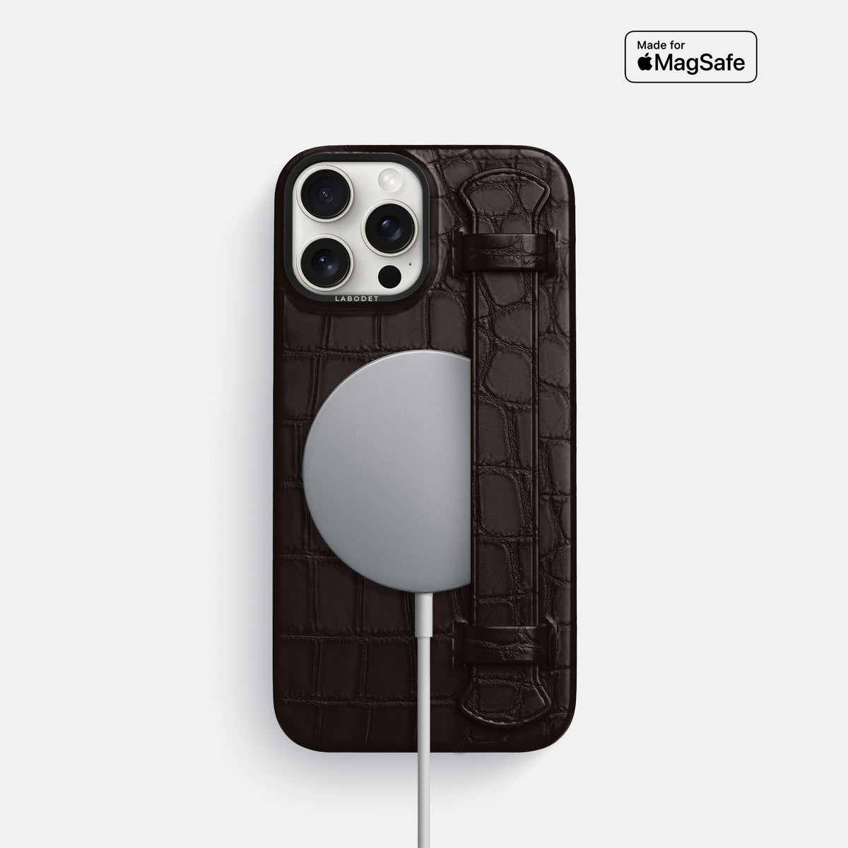 Dark-Brown iPhone 16 Pro Handle Case Alligator with Black Metal -4 | Dark-Brown-Black