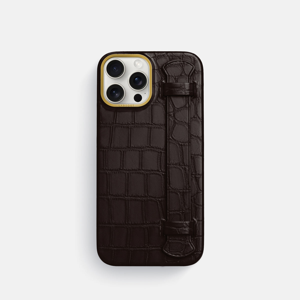 Dark-Brown iPhone 16 Pro Handle Case In Alligator with Gold Metal -1 | Dark-Brown-Gold