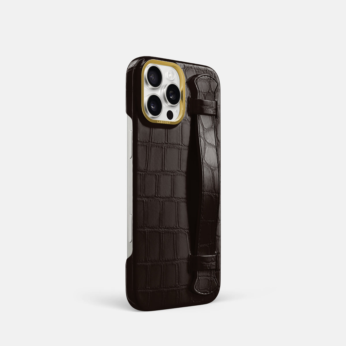 Dark-Brown iPhone 16 Pro Handle Case In Alligator with Gold Metal -2 | Dark-Brown-Gold