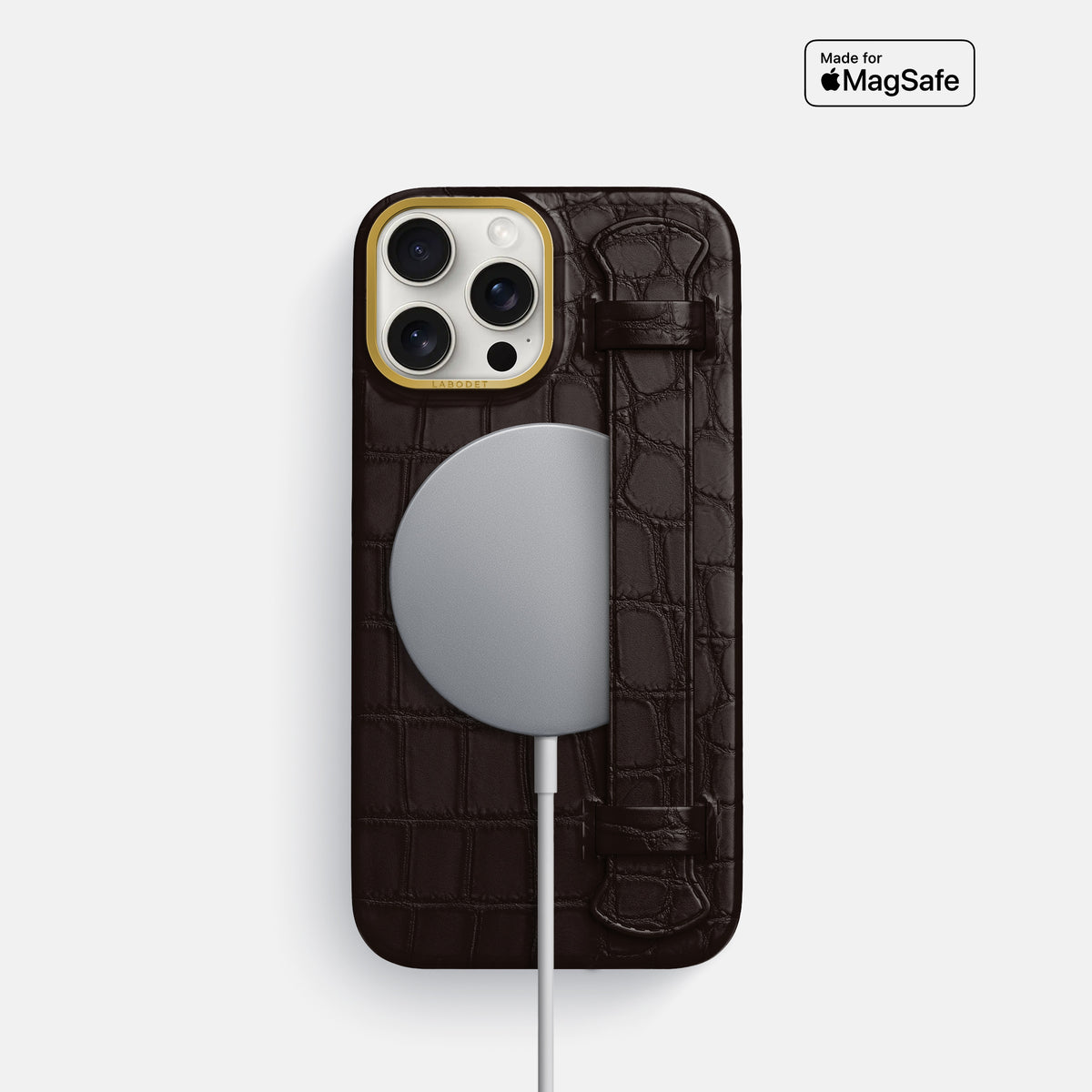 Dark-Brown iPhone 16 Pro Handle Case In Alligator with Gold Metal -4 | Dark-Brown-Gold