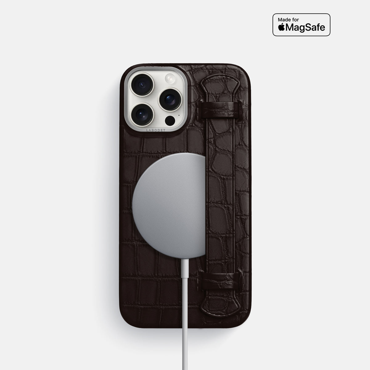 Dark-Brown iPhone 16 Pro Handle Case Alligator with Steel Metal -4 | Dark-Brown-Steel