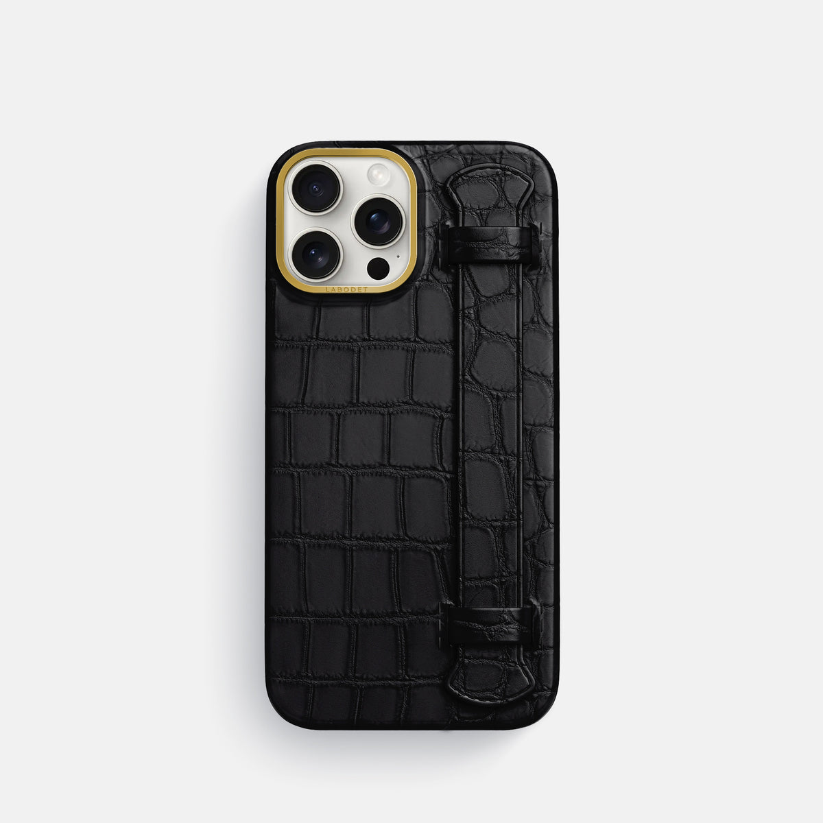 Black iPhone 16 Pro Handle Case In Alligator with Gold Metal -1 | Black-Gold