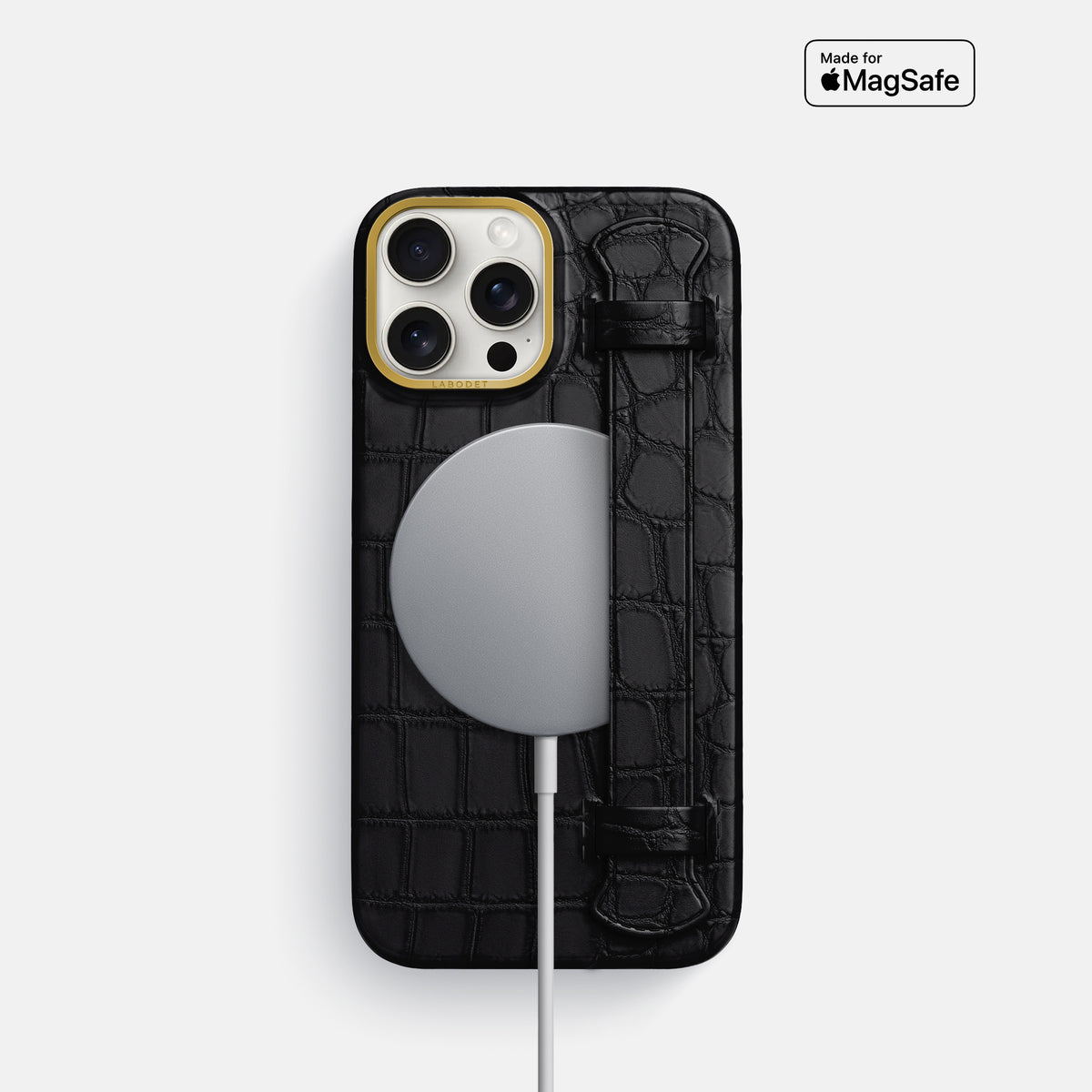 Black iPhone 16 Pro Handle Case In Alligator with Gold Metal -4 | Black-Gold