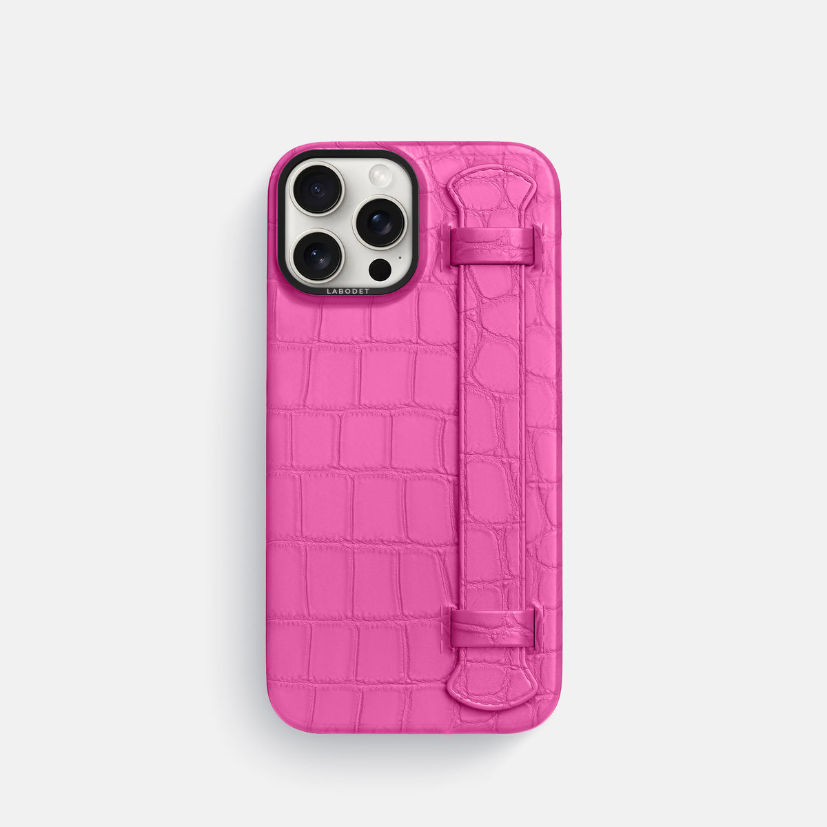 Fuchsia iPhone 16 Pro Handle Case Alligator with Black Metal -1 | Fuchsia-Black