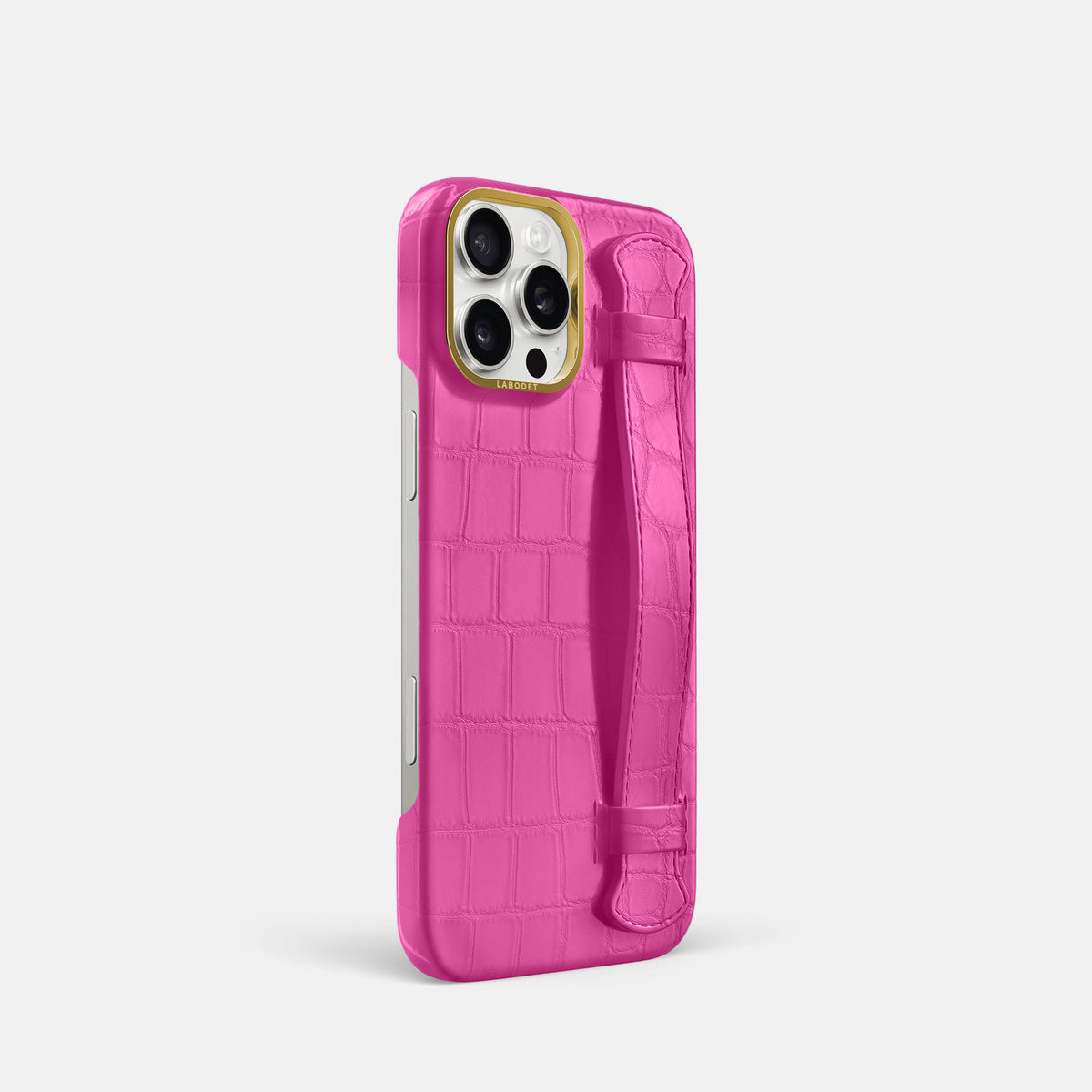 Fuchsia iPhone 16 Pro Handle Case In Alligator with Gold Metal -2 | Fuchsia-Gold