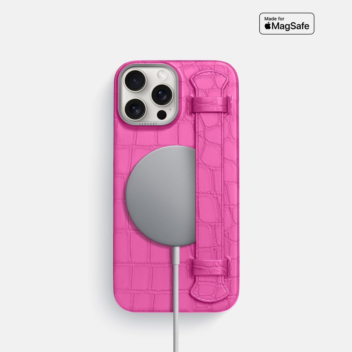 Fuchsia iPhone 16 Pro Handle Case Alligator with Steel Metal -4 | Fuchsia-Steel