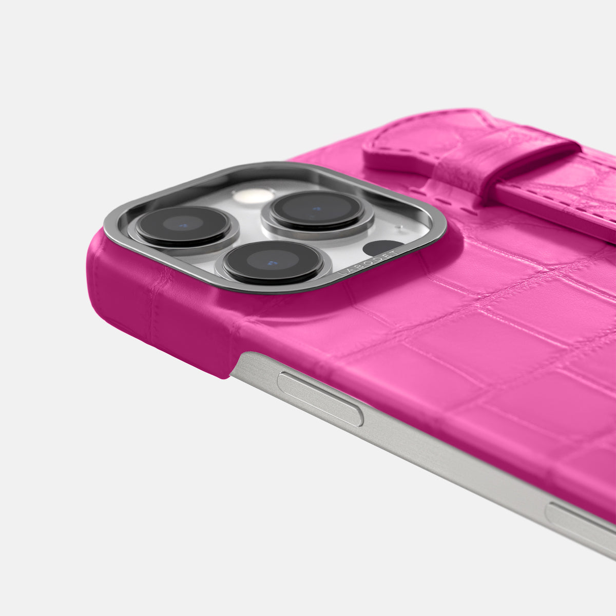 Fuchsia iPhone 16 Pro Handle Case Alligator with Steel Metal -5 | Fuchsia-Steel