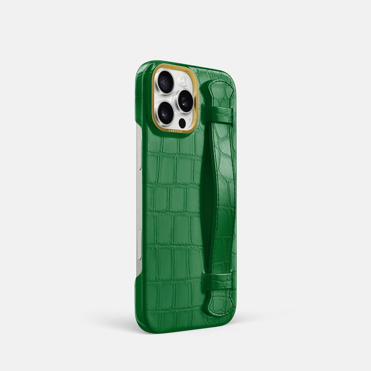 Forest-Green iPhone 16 Pro Handle Case In Alligator with Gold Metal -2 | Forest-Green-Gold