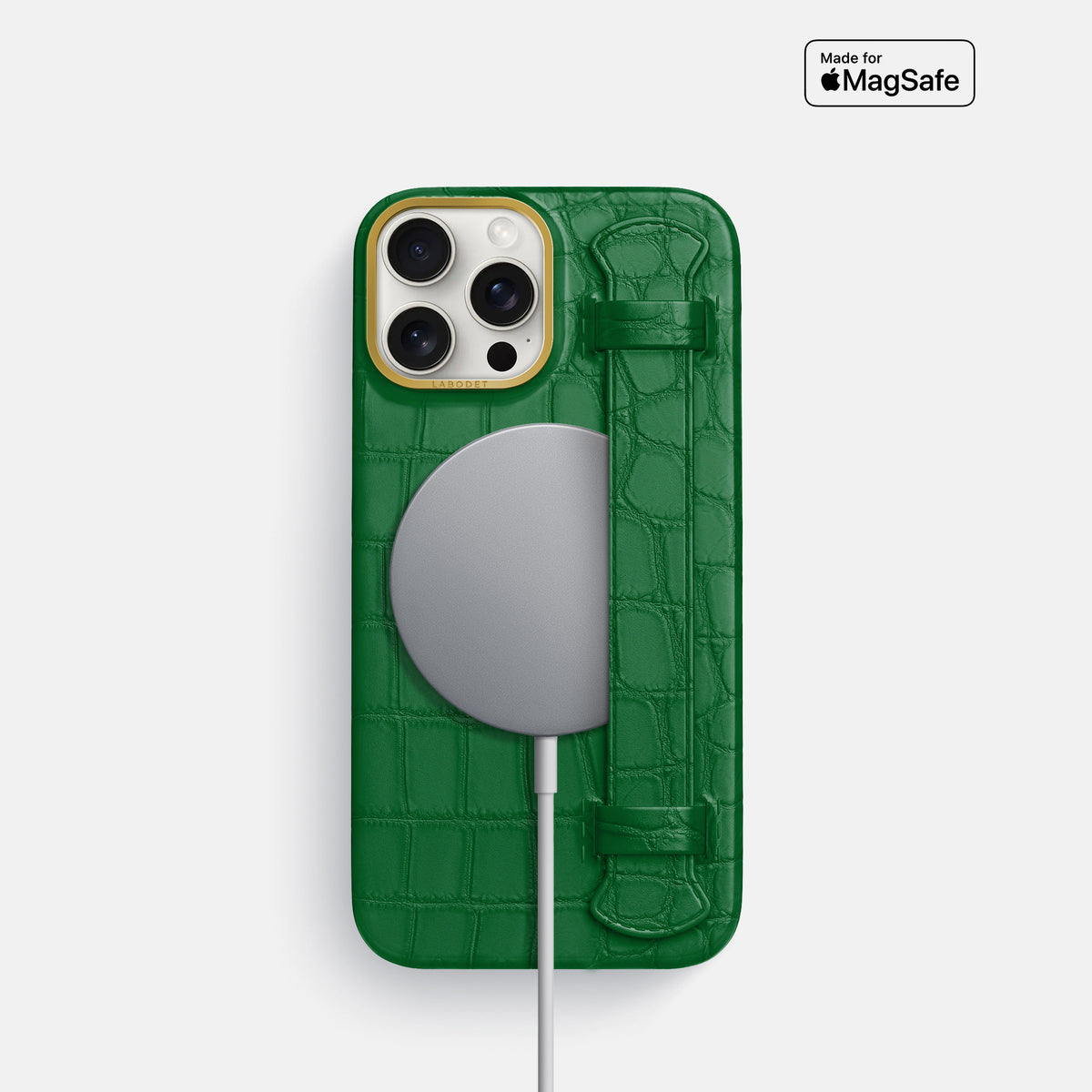 Forest-Green iPhone 16 Pro Handle Case In Alligator with Gold Metal -4 | Forest-Green-Gold